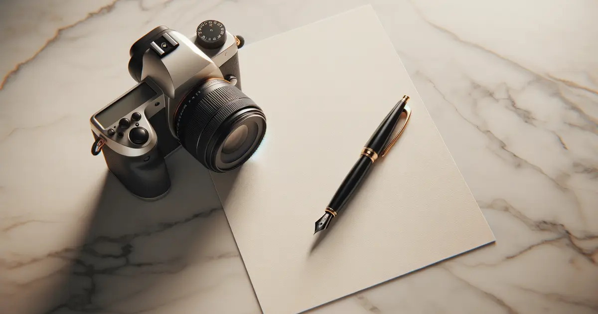 Camera and pen on marble surface representing photography contracts