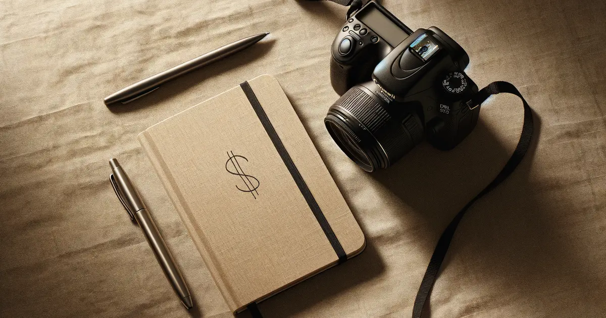 Camera and notebook with pricing notes representing photography pricing strategy