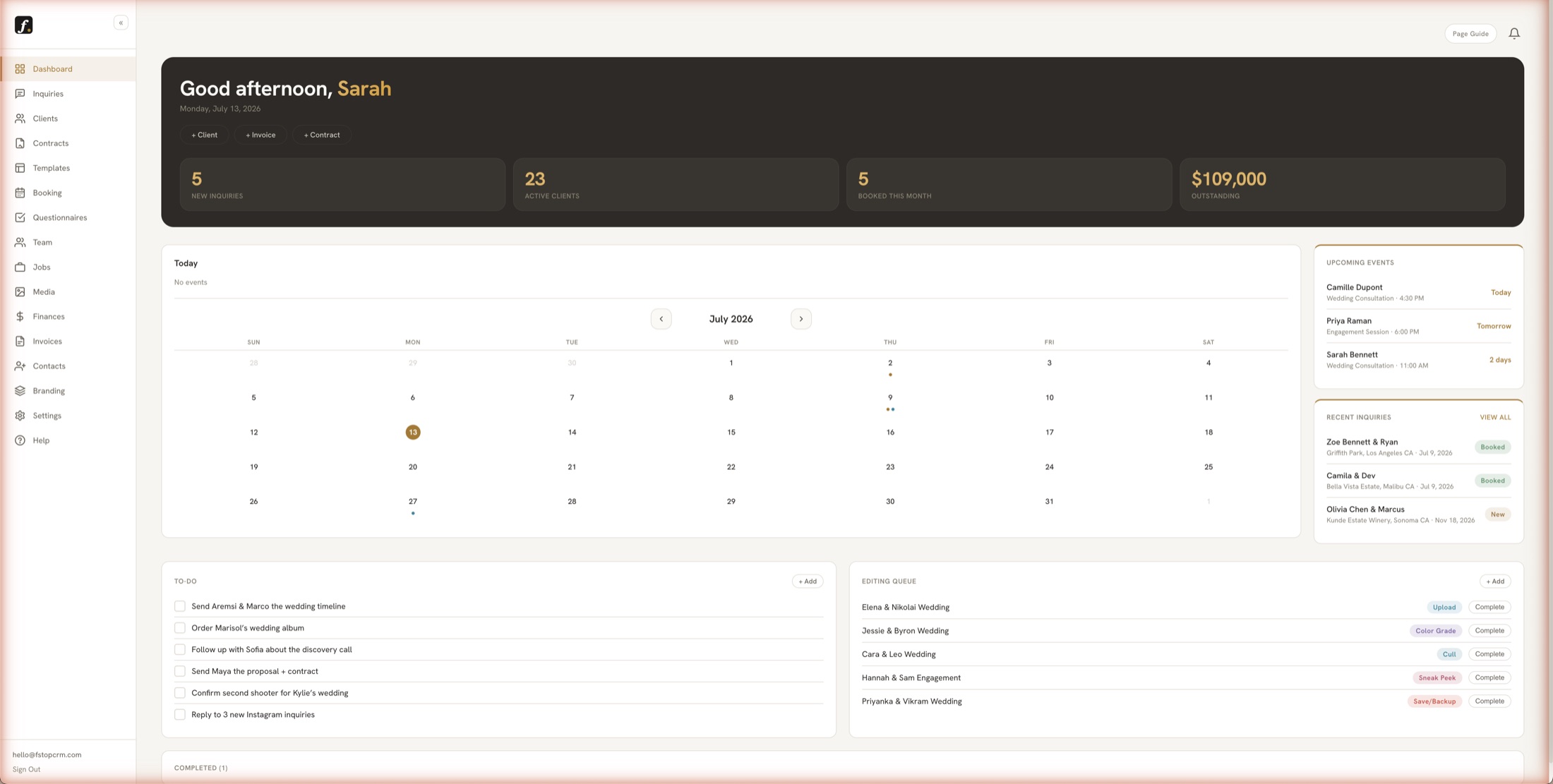 Fstop CRM dashboard showing today's consultations, the calendar and outstanding revenue