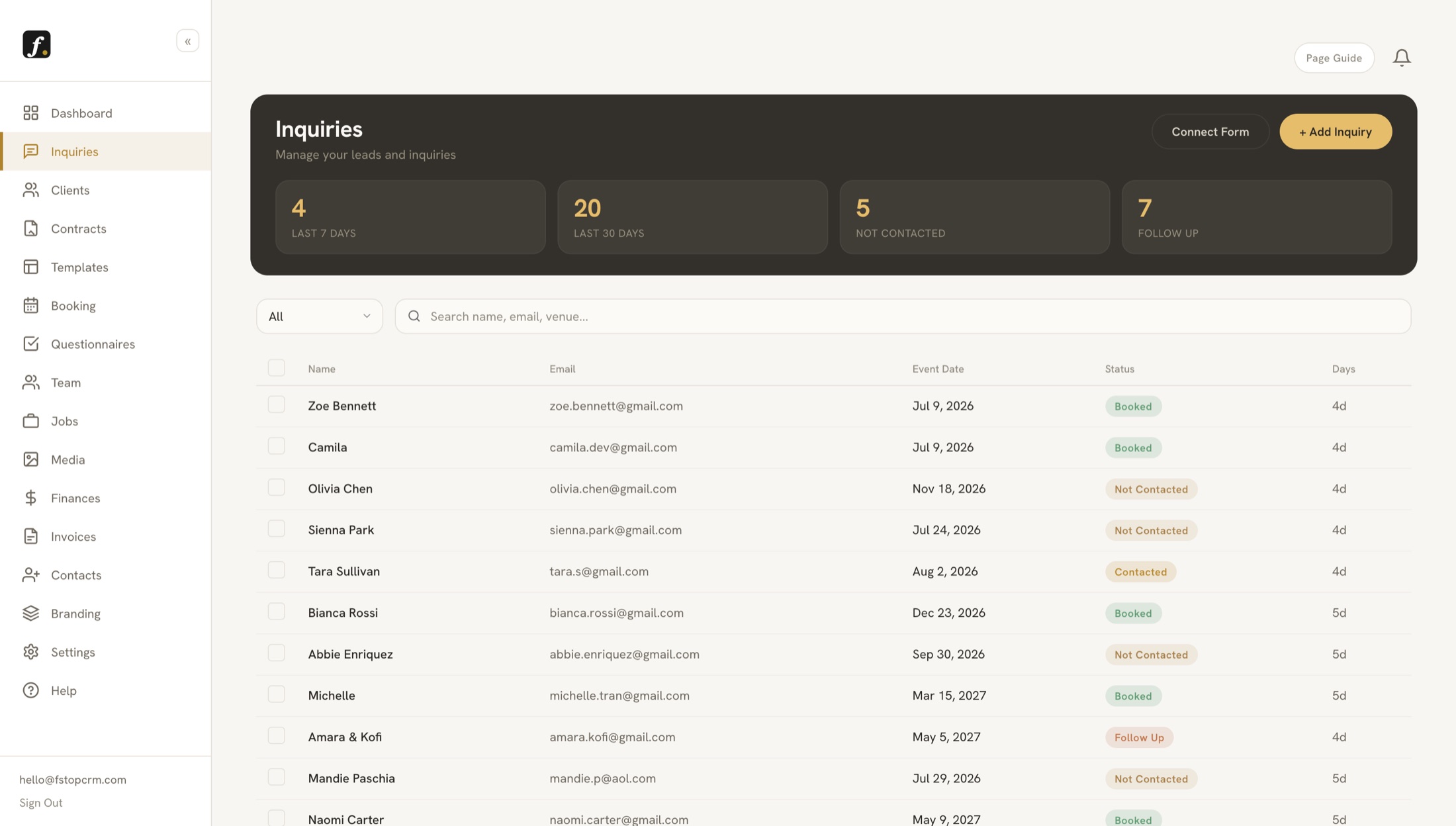 Inquiries pipeline with statuses and follow-up counters
