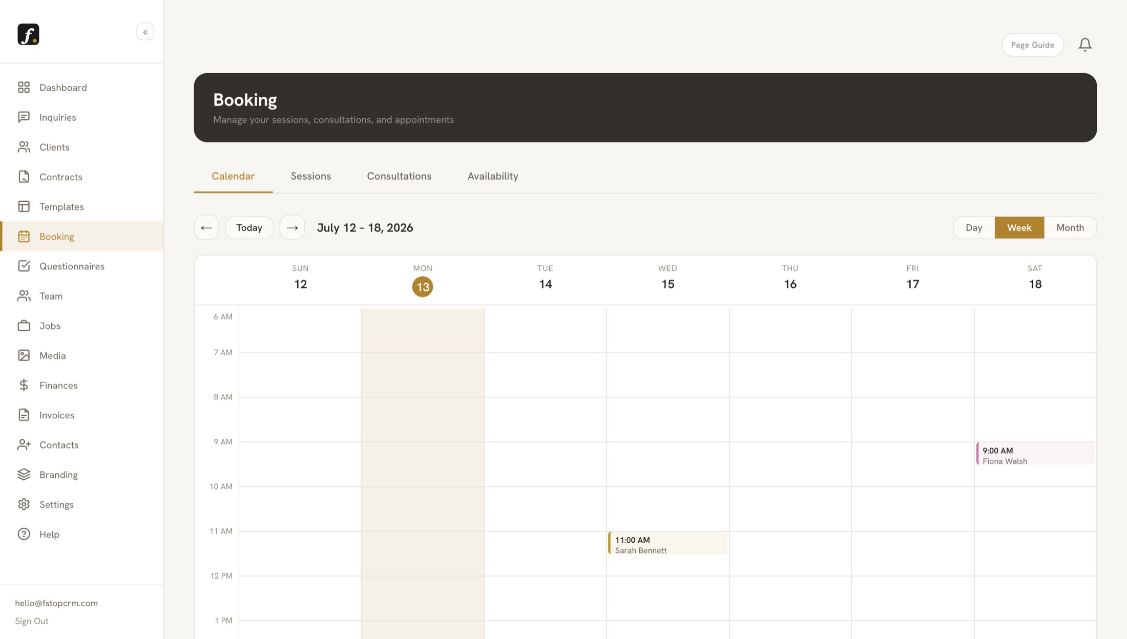 Booking calendar with a week of sessions and consultations