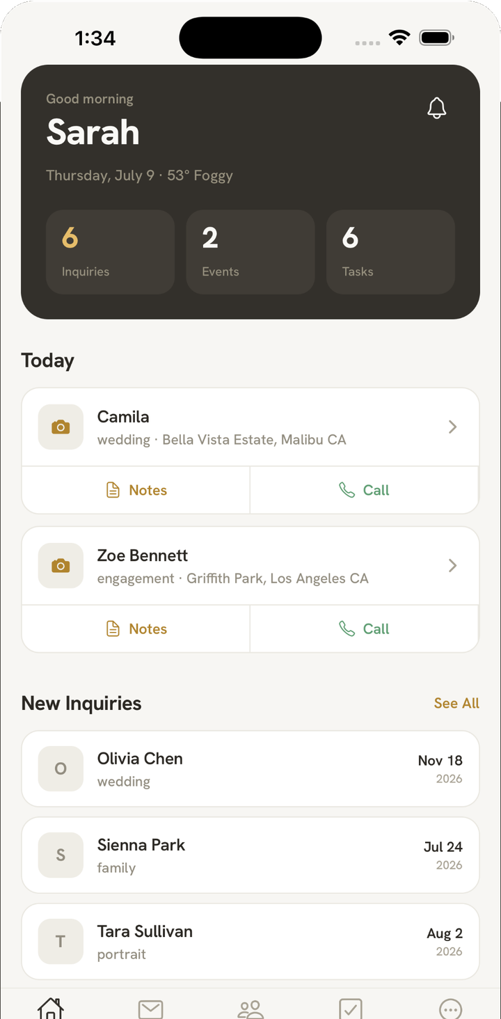 Fstop CRM iPhone app home screen showing today's shoots and new inquiries