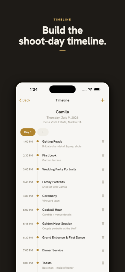 Shoot-day timeline on the iPhone app