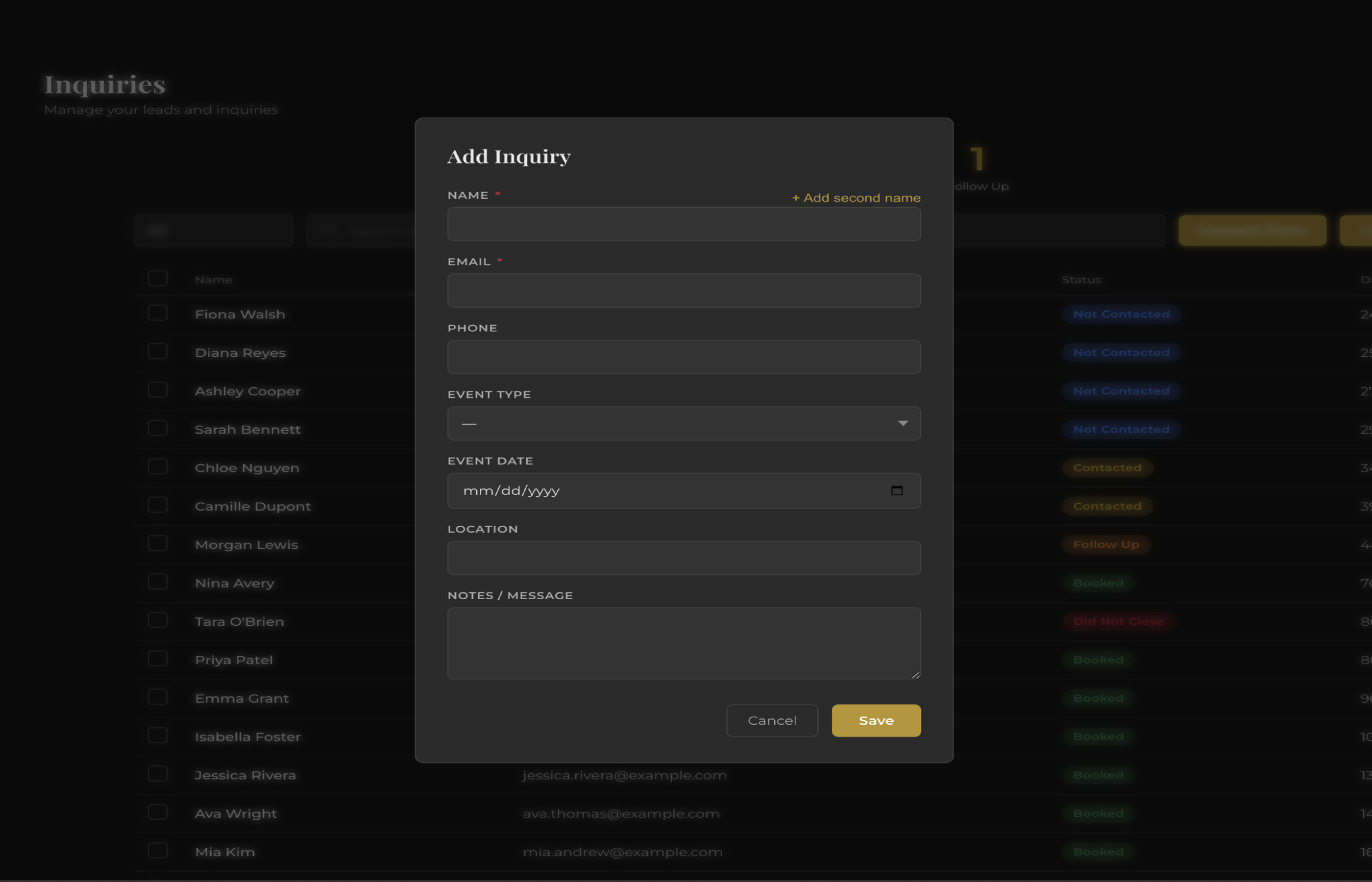 Add inquiry modal for manually entering leads from phone calls and referrals