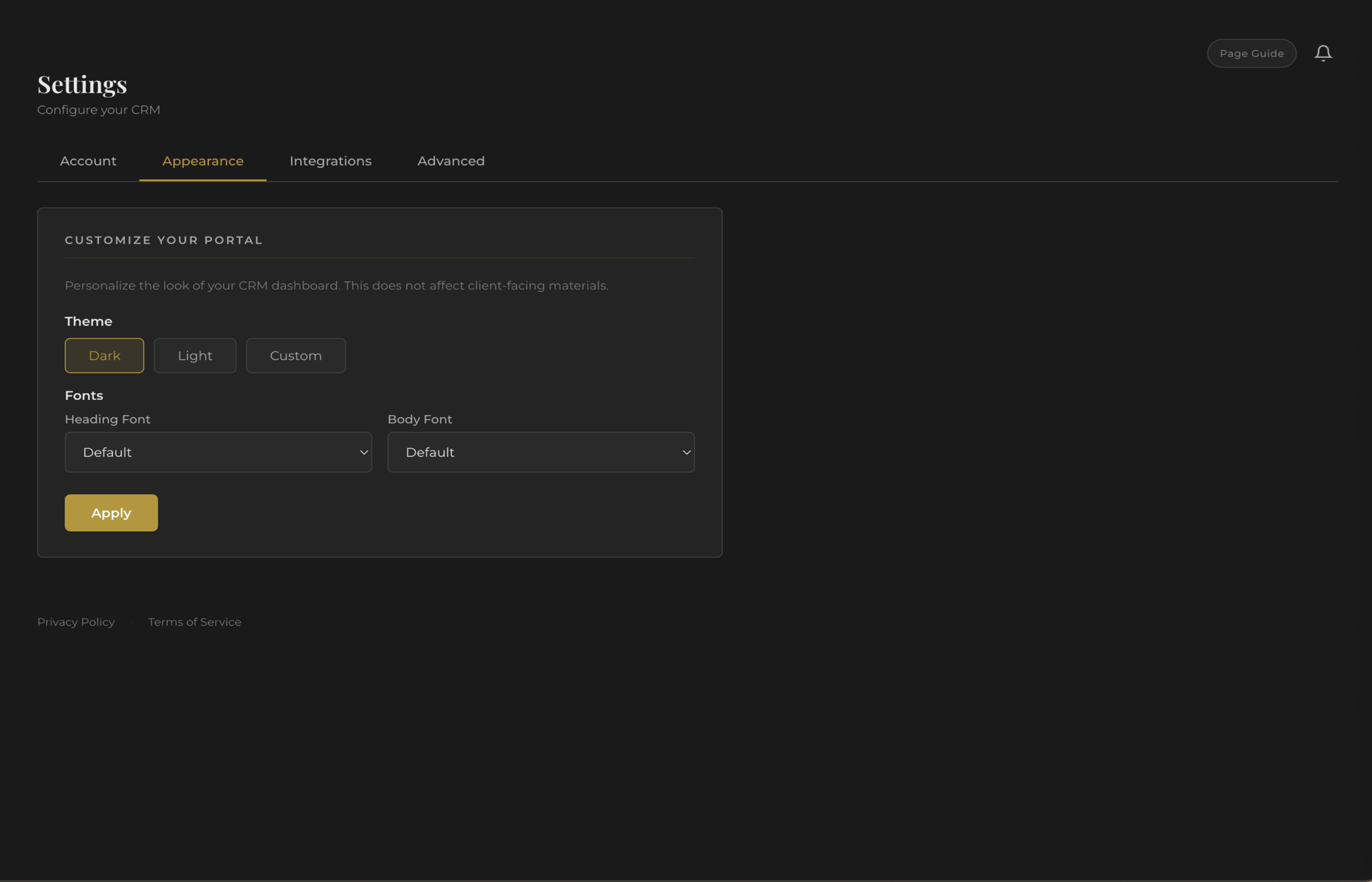 Fstop CRM appearance settings - dark mode, accent colors