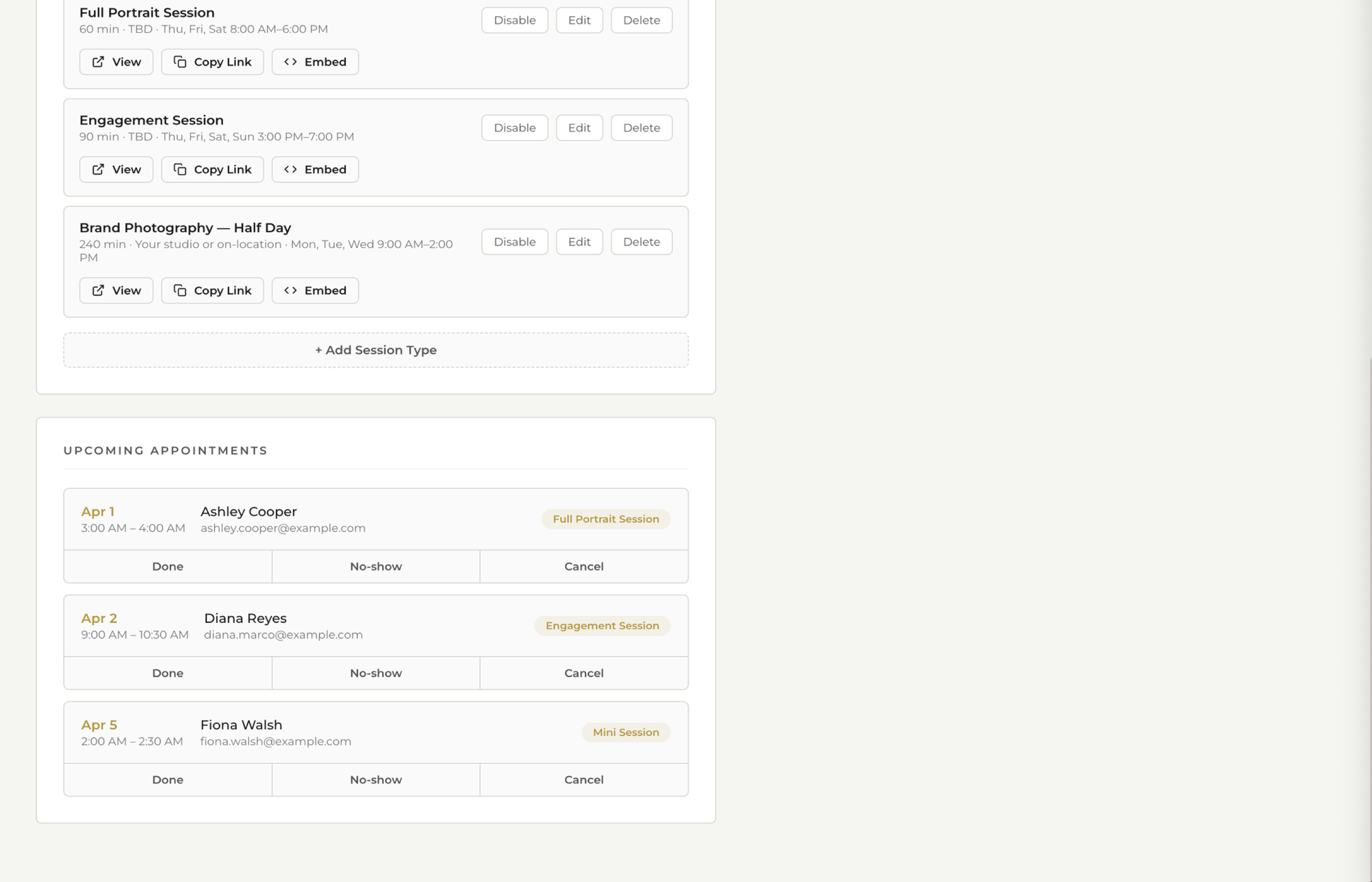 Fstop CRM upcoming appointments view with client details