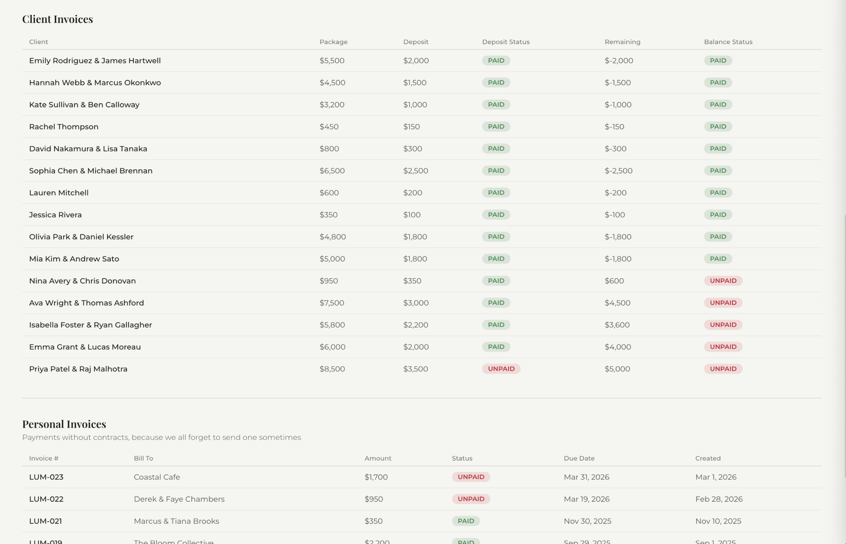 Fstop CRM per-client invoices and payment history