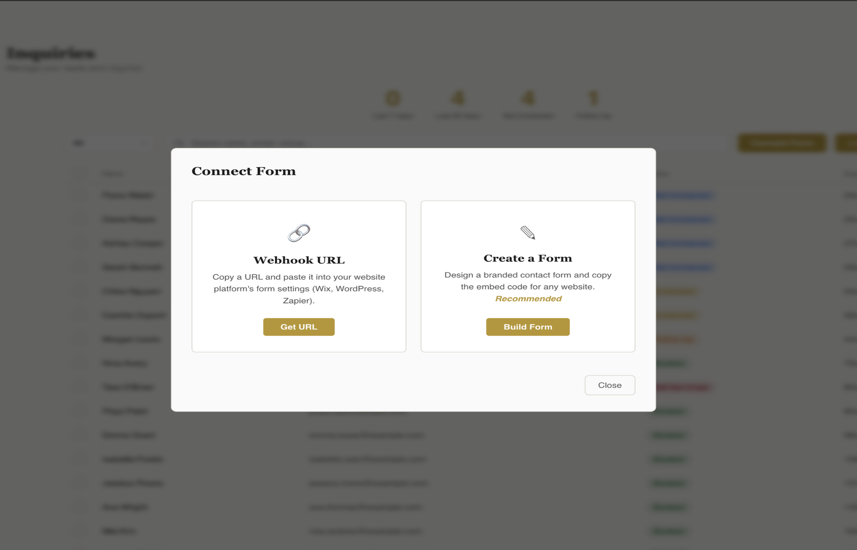 Connect Form modal in fstop showing webhook URL and Form Builder options