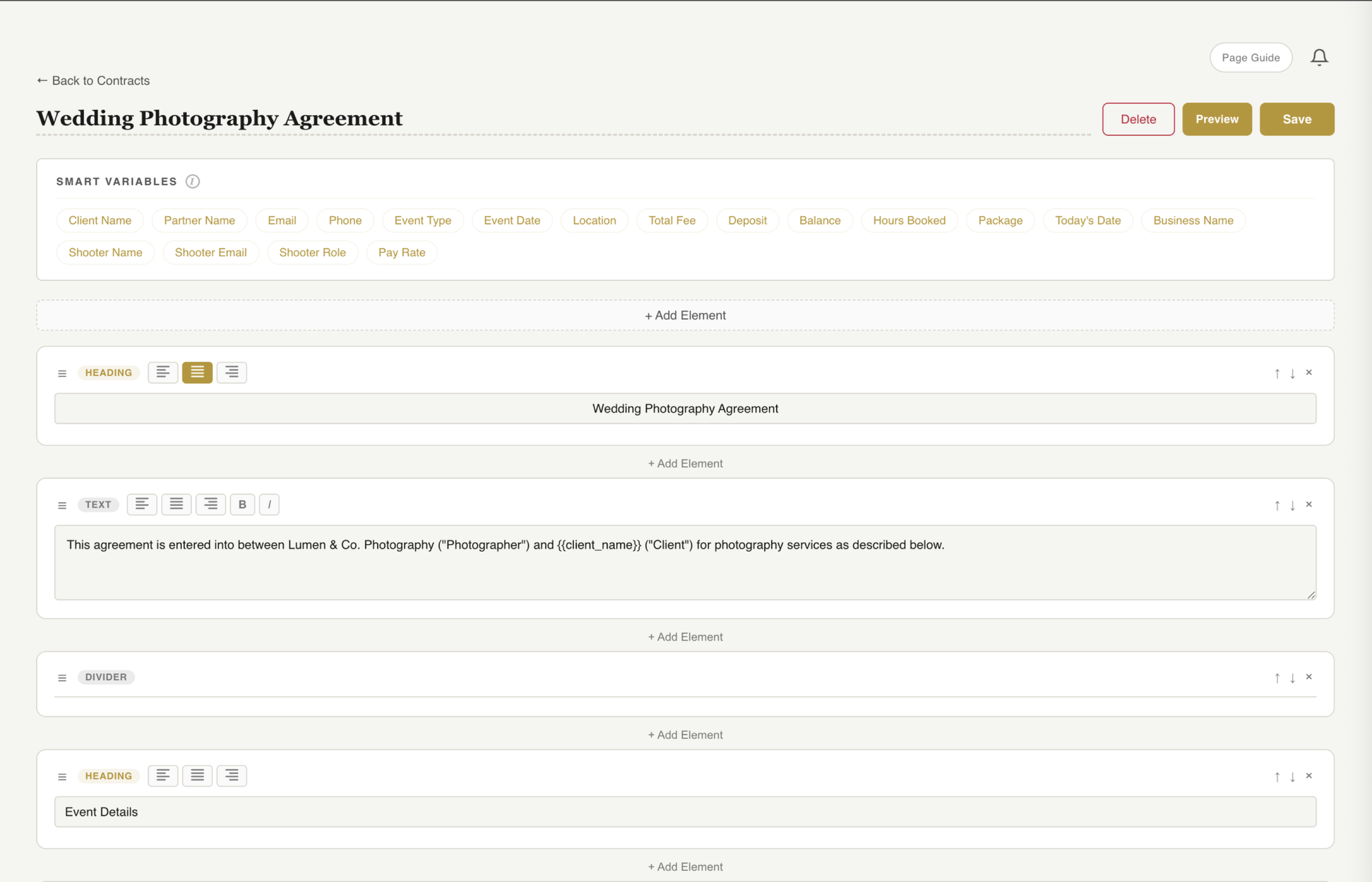 Fstop CRM contract editor with rich text formatting and smart variable picker