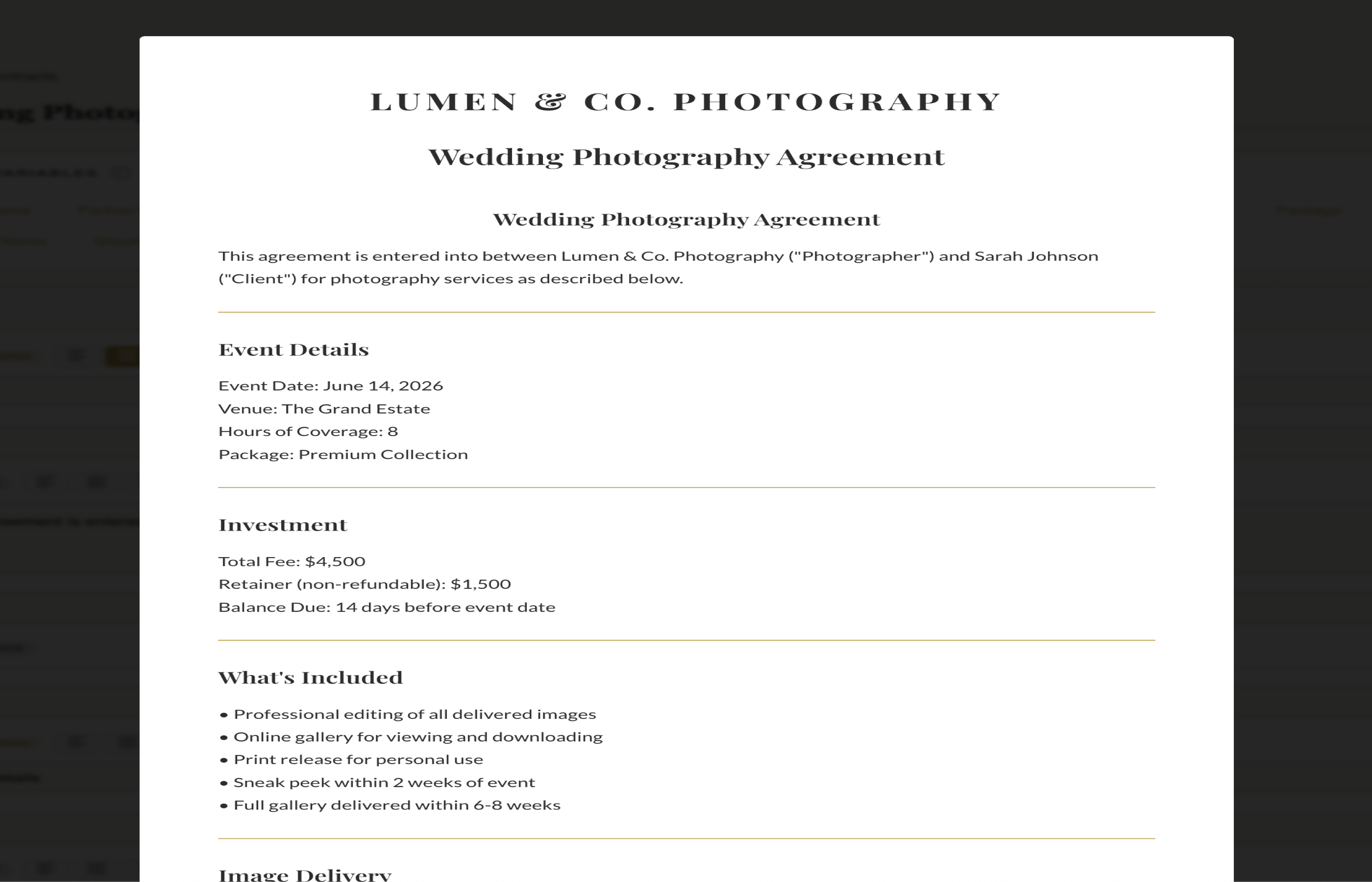 Fstop CRM contract preview showing resolved smart variables with real client data