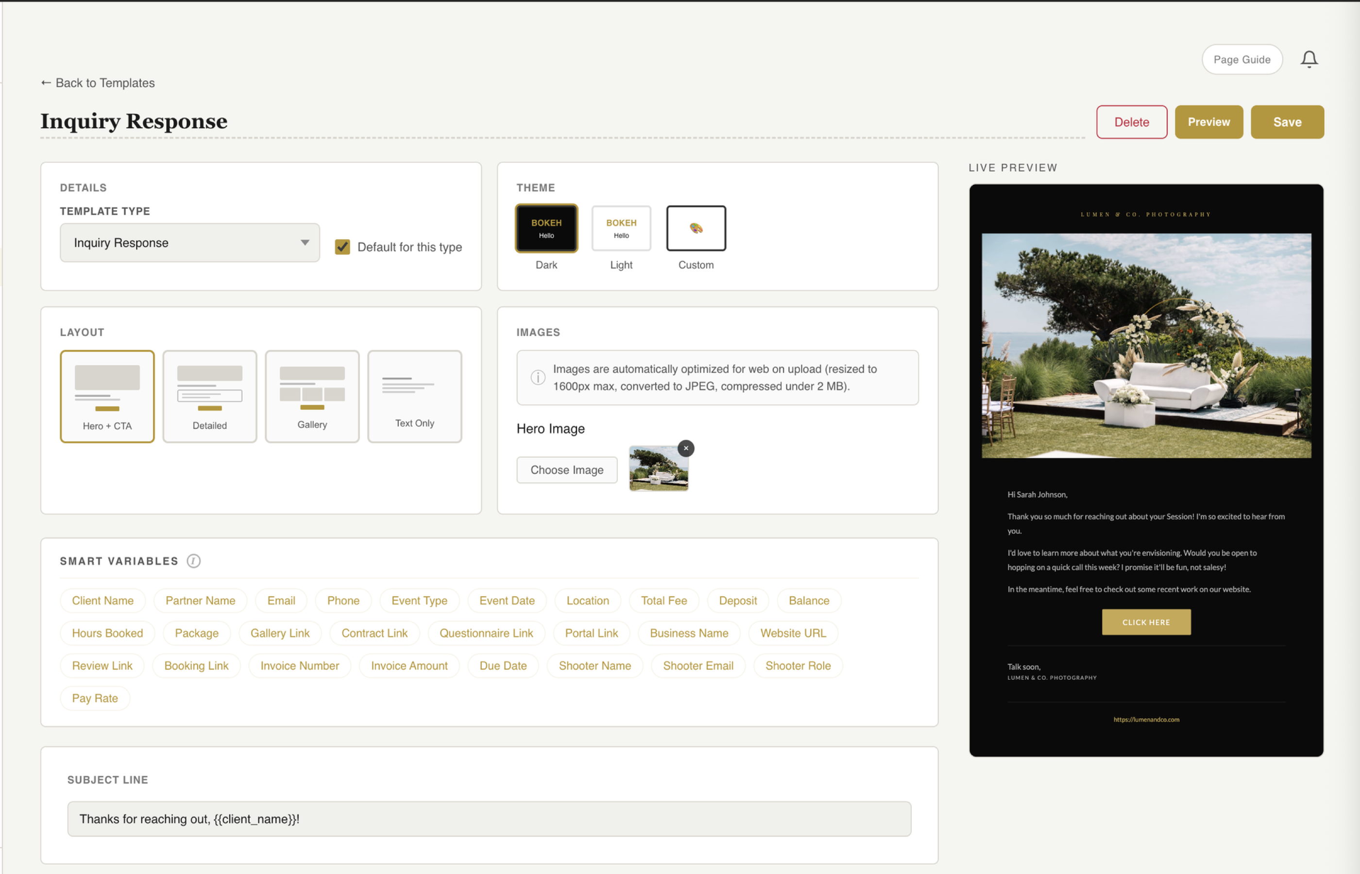 Fstop CRM email template editor with rich text formatting, brand colors, and smart variable insertion