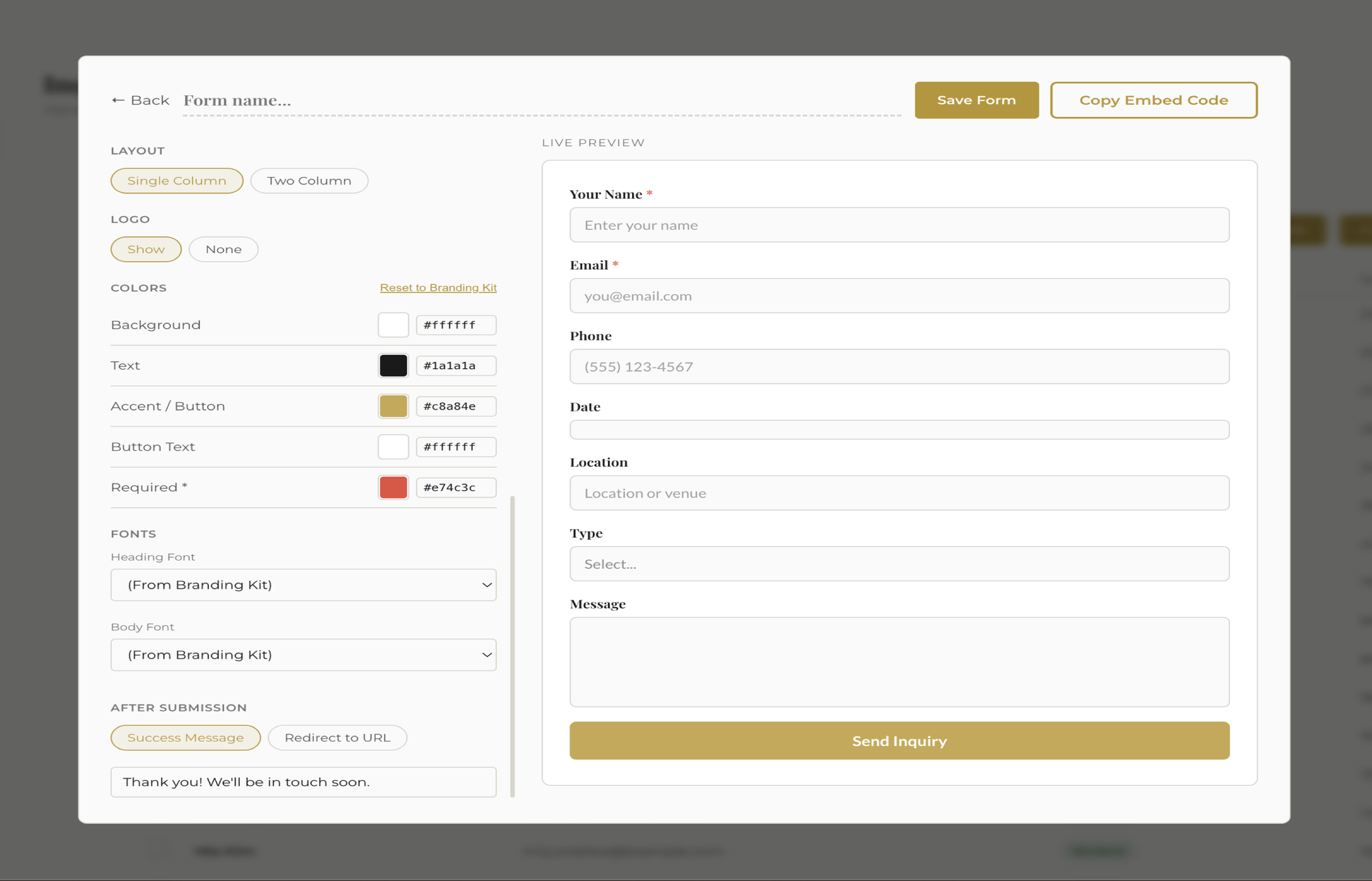 Fstop form builder styling options showing field styles, button shapes, color pickers, and font selection