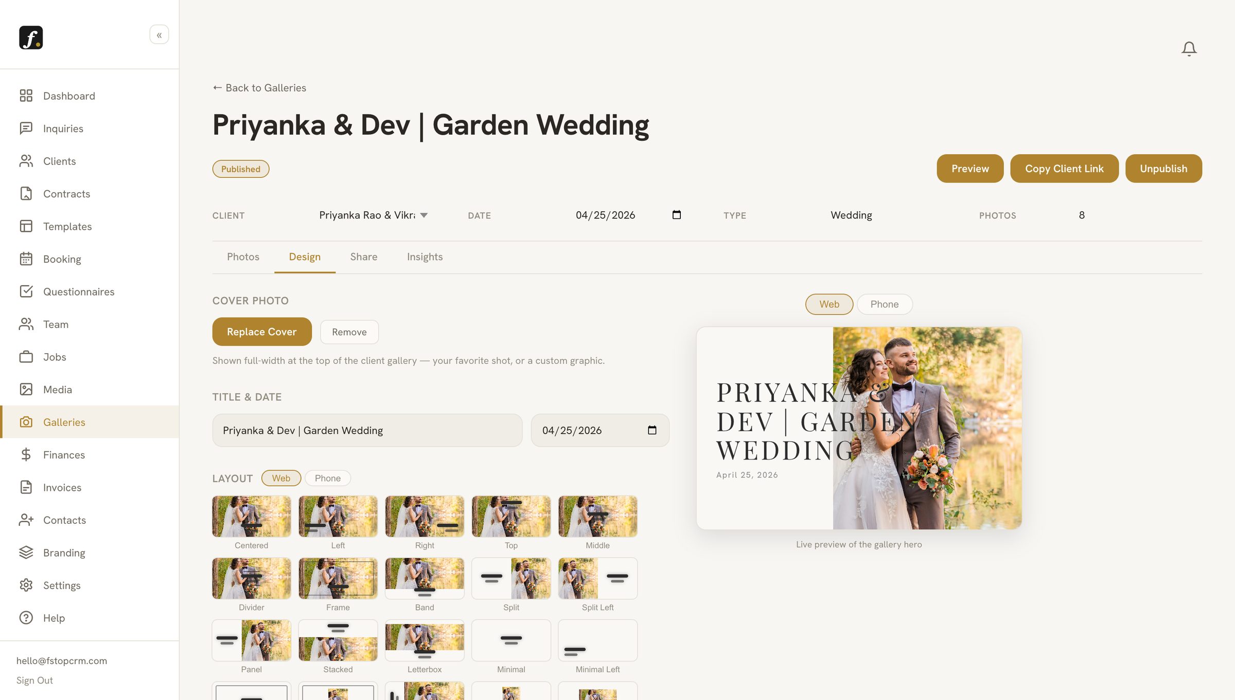 Fstop CRM gallery design studio with layout picker and live preview