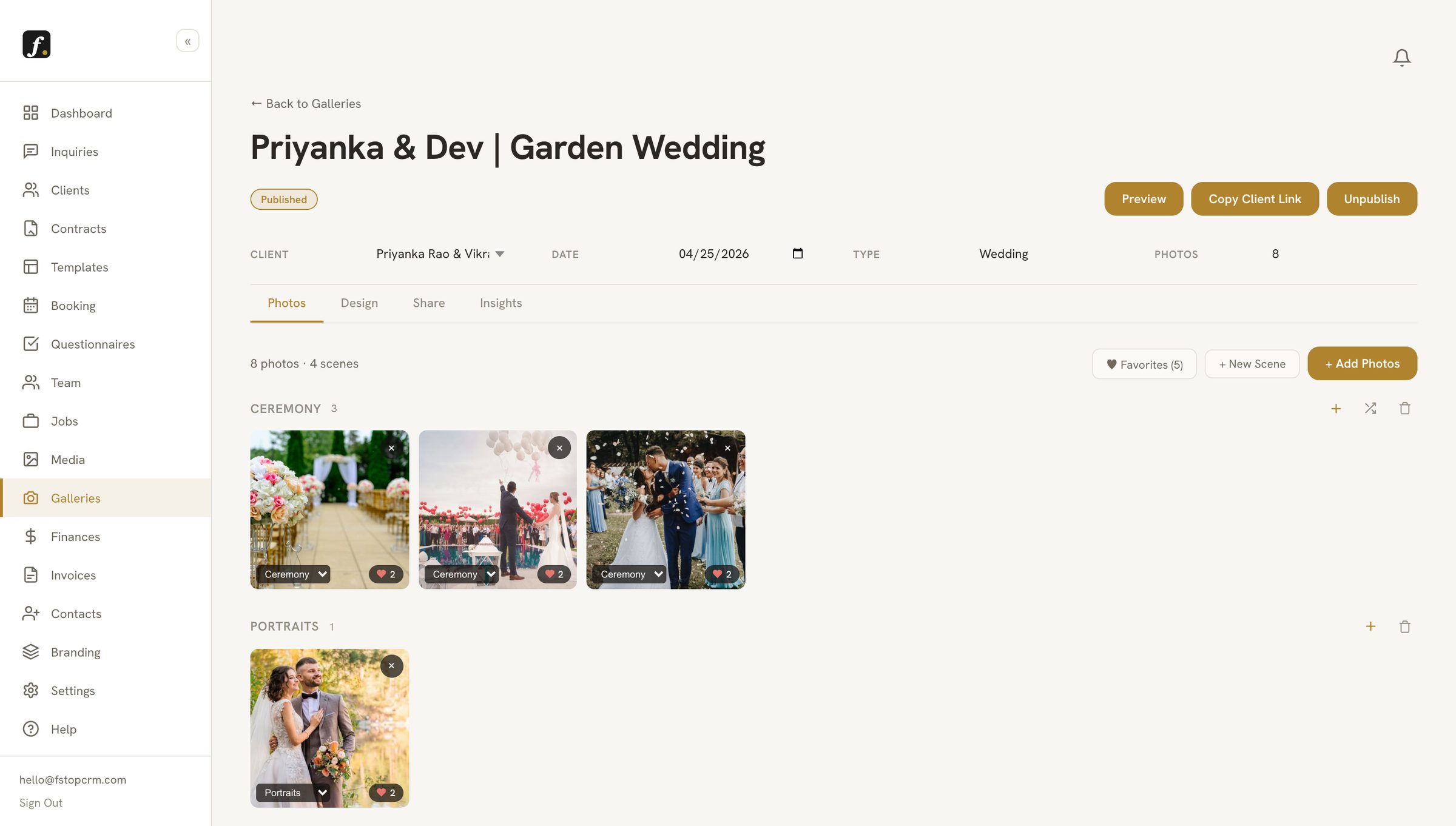 Fstop CRM gallery photos tab with scenes and client heart counts