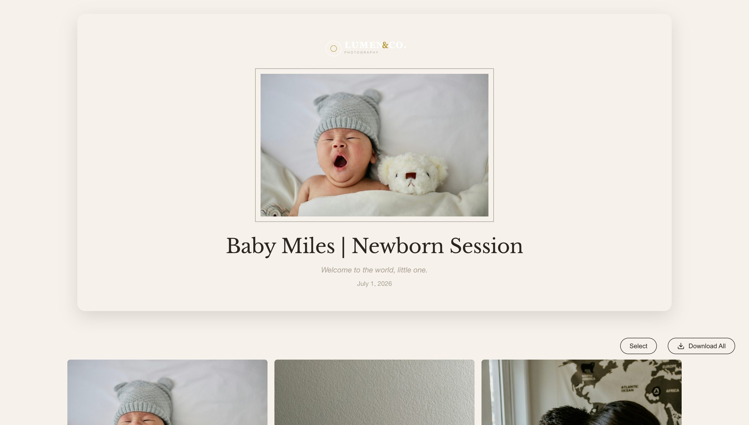 A newborn session client gallery with a soft cream design