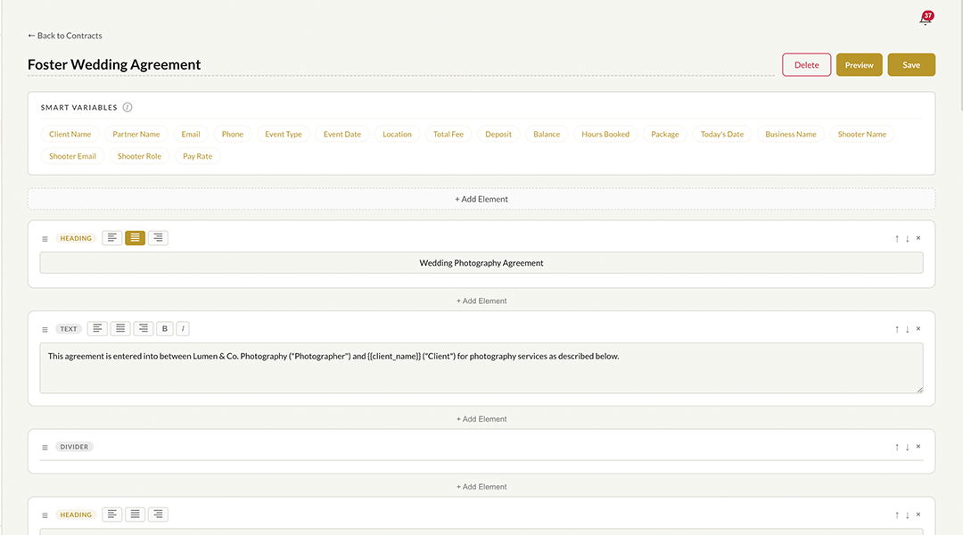 Fstop CRM contract builder with smart variables and drag-and-drop clauses