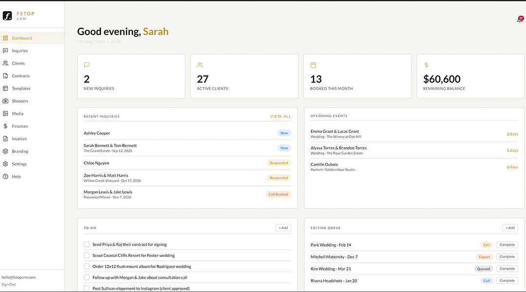 Fstop CRM dashboard with stats, recent inquiries, and upcoming events