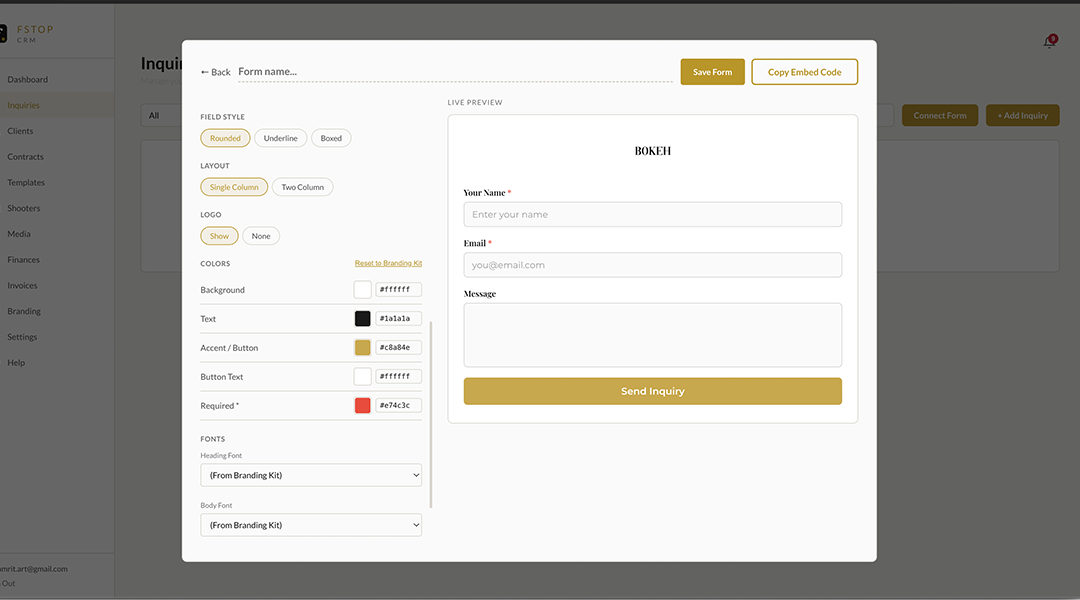 Fstop CRM form builder with live preview and customization options