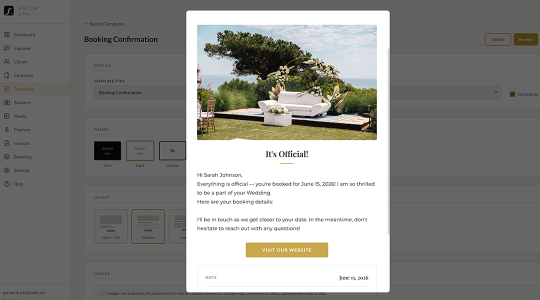 Fstop CRM email template editor with live preview