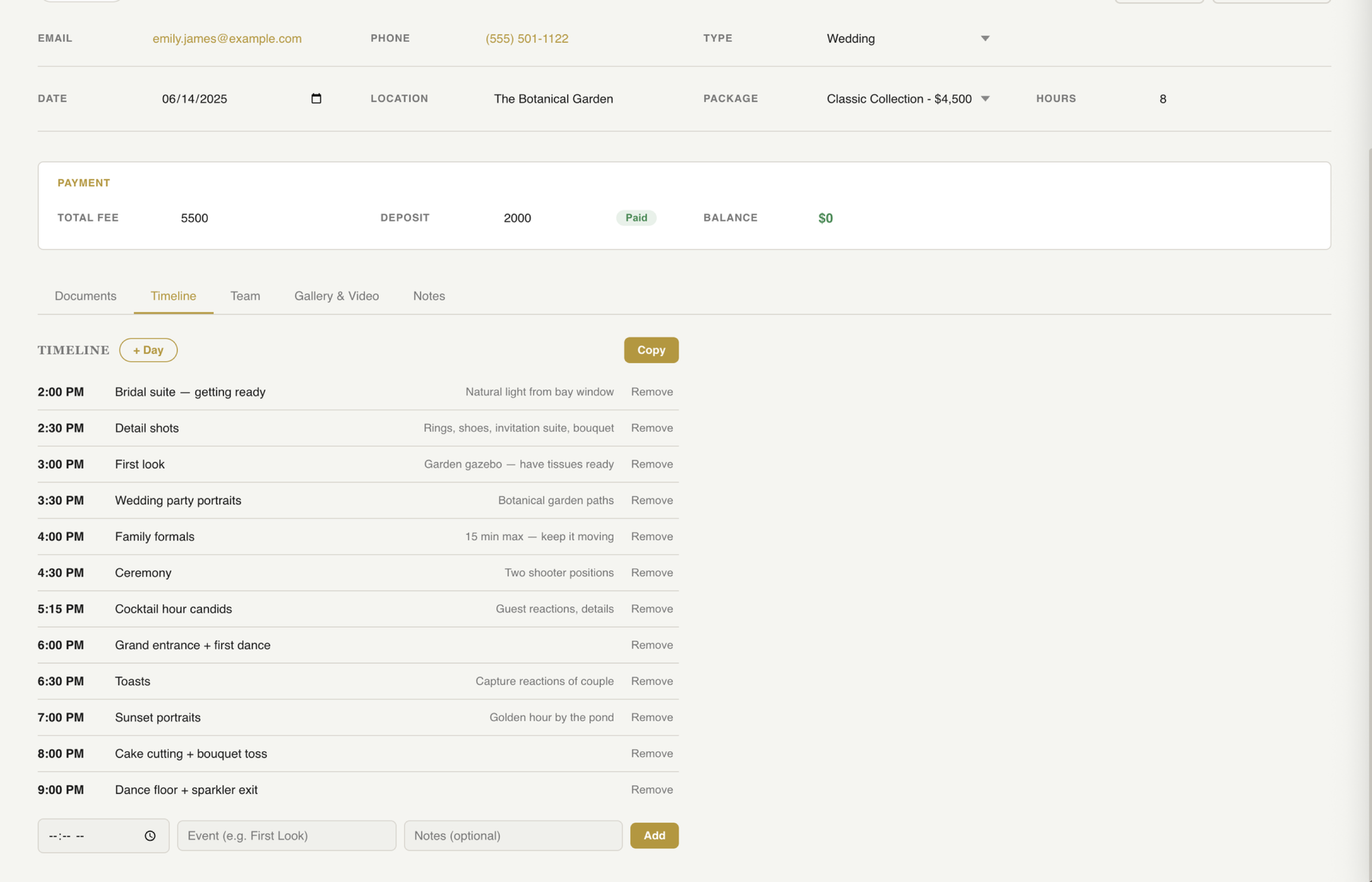 Fstop CRM client statuses and day-of timeline
