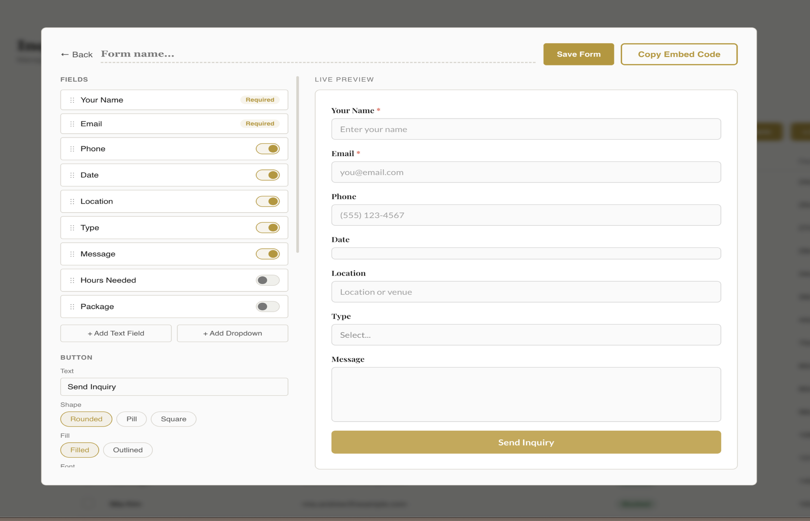 Fstop CRM form builder with live preview