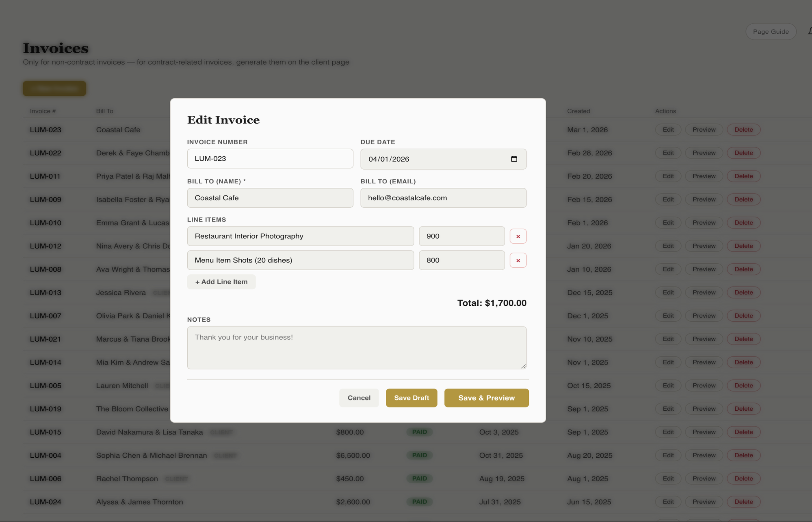 Fstop CRM invoice editor with line items and branding