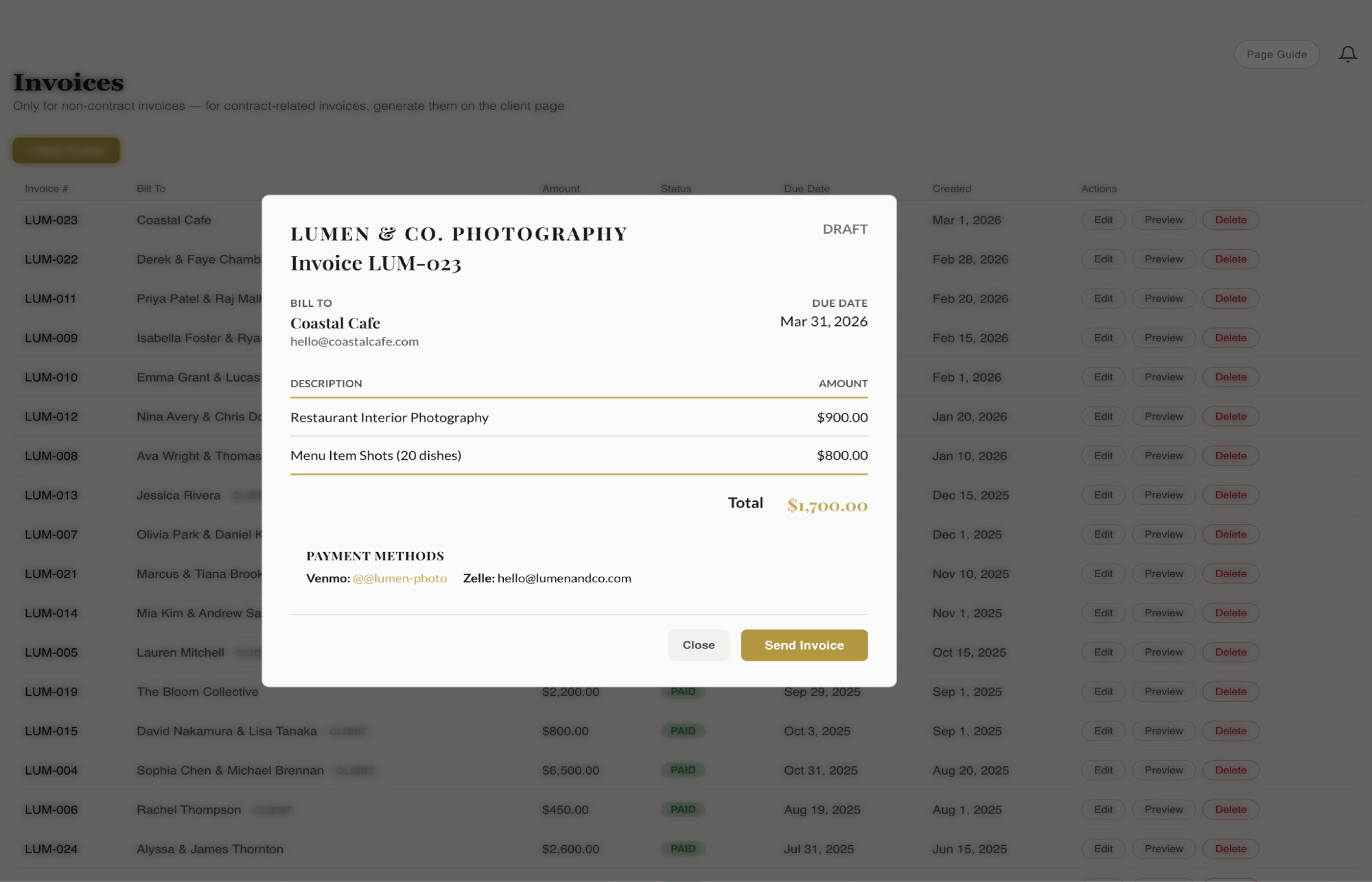 Fstop CRM invoice preview showing client view