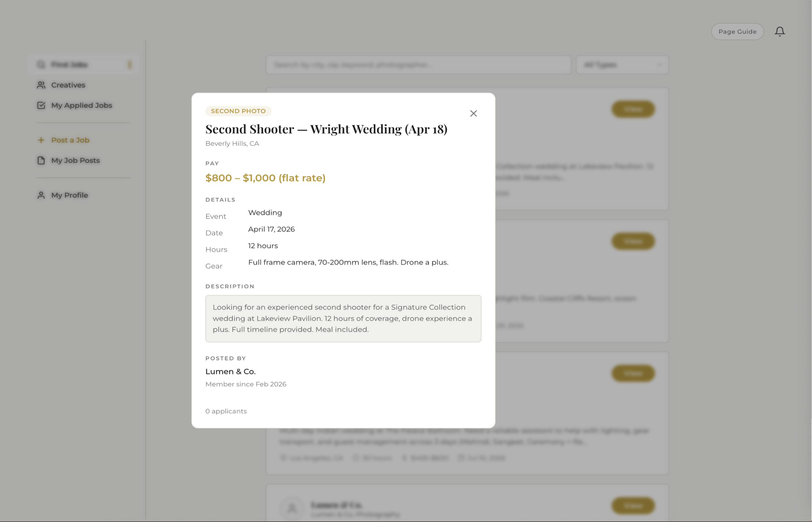 Job listing detail view showing event type, date, pay, and requirements