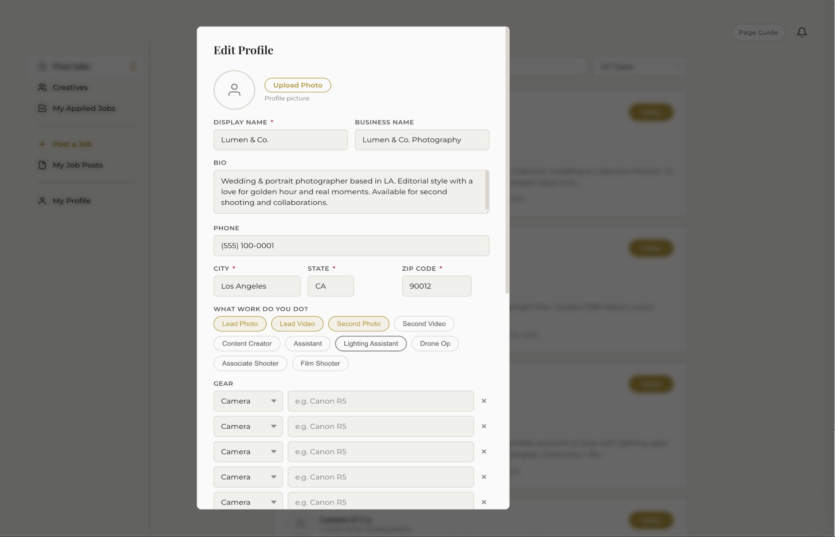 Professional photographer profile with gear, rates, and portfolio