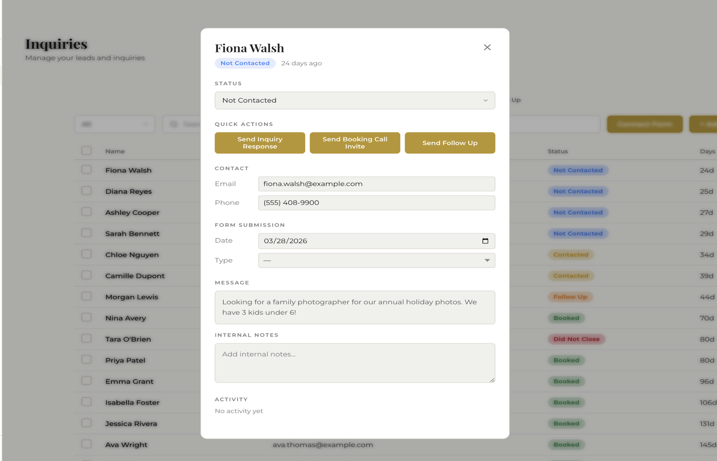 Lead detail panel showing complete client information and event details