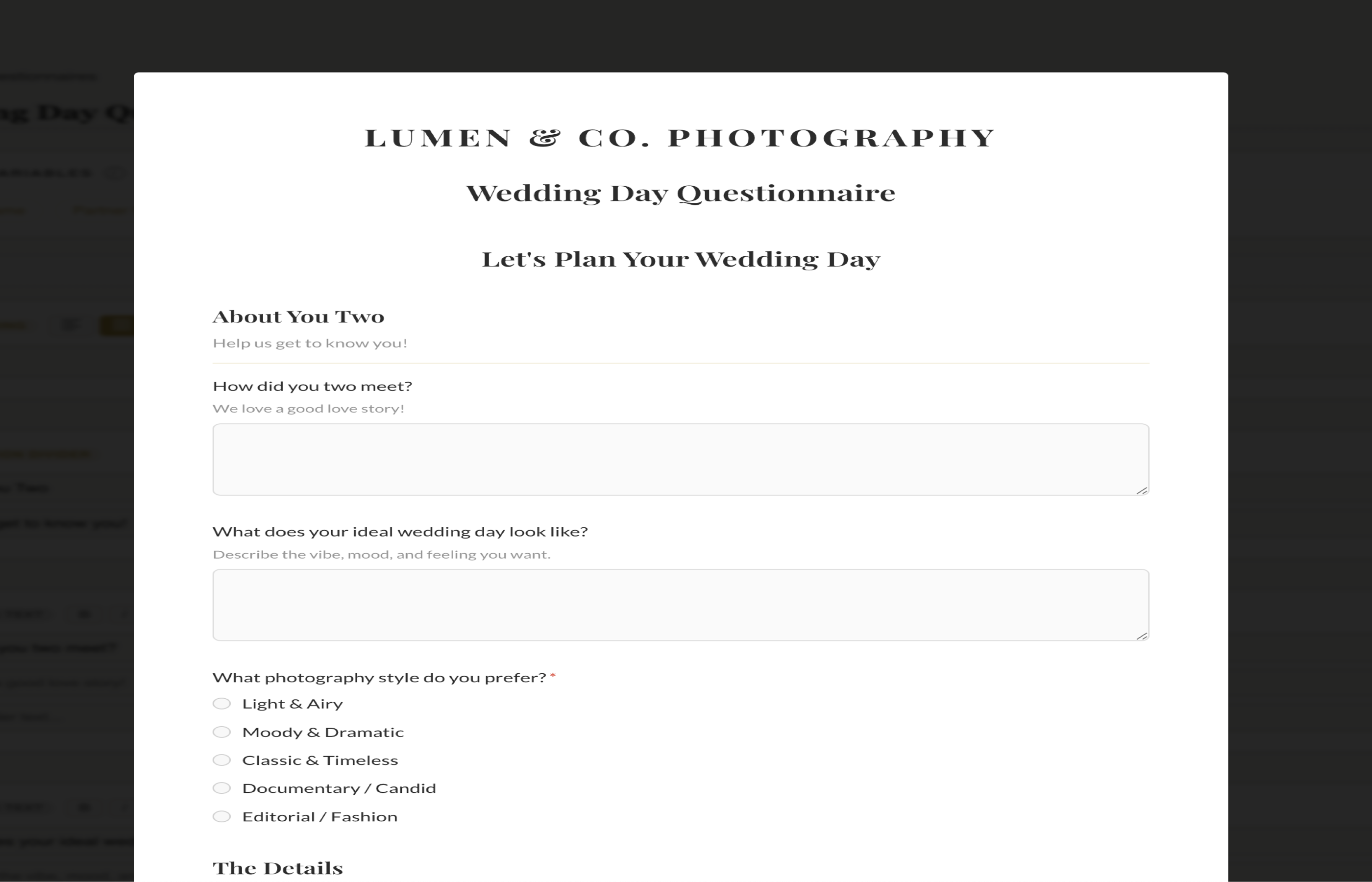 Fstop CRM branded questionnaire as seen by the client