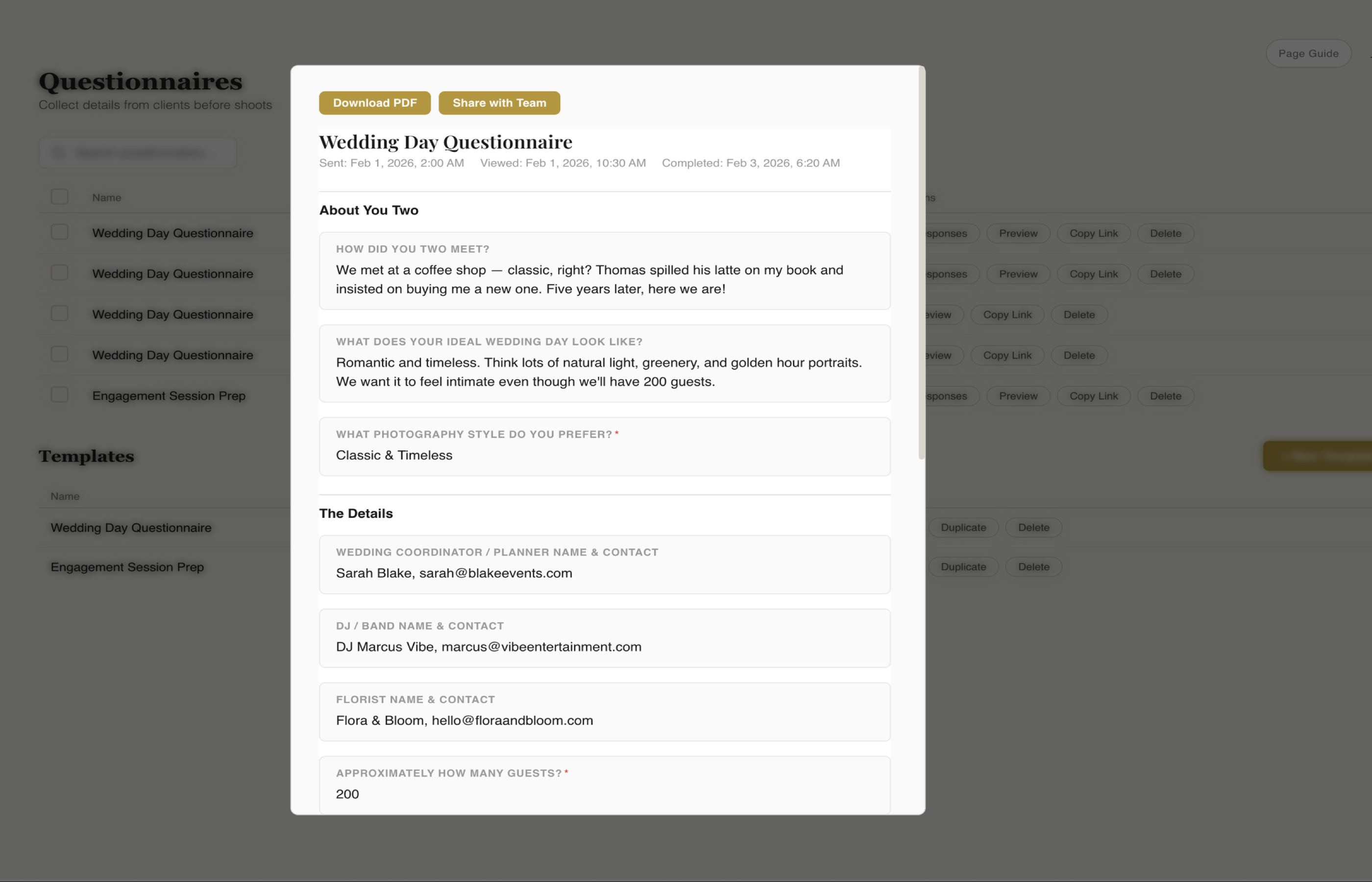 Fstop CRM questionnaire response tracking dashboard showing completion status