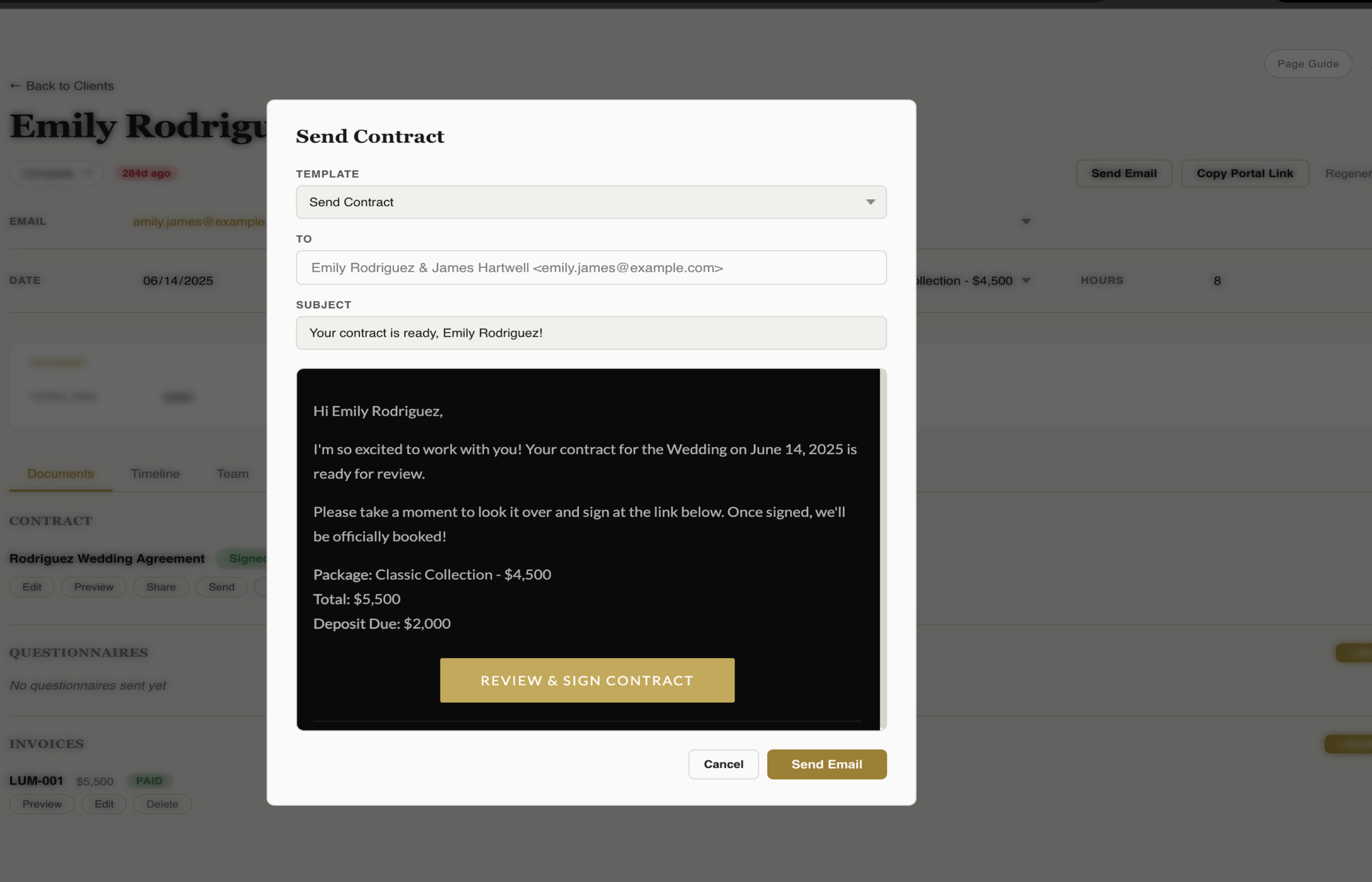 Fstop CRM send contract modal with client selection and auto-filled template