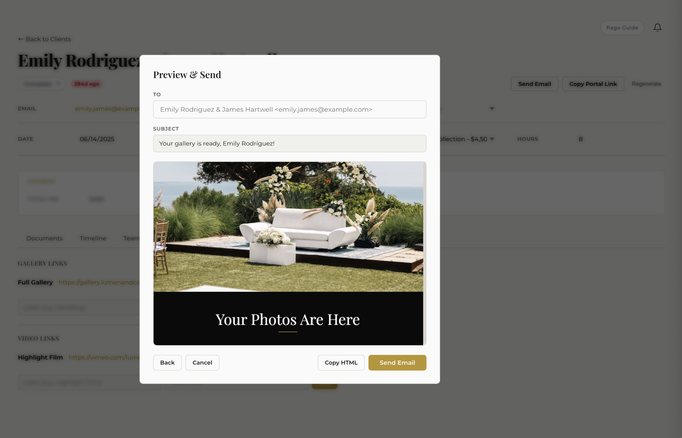 Fstop CRM send email modal showing template selection, client picker, and smart variable preview