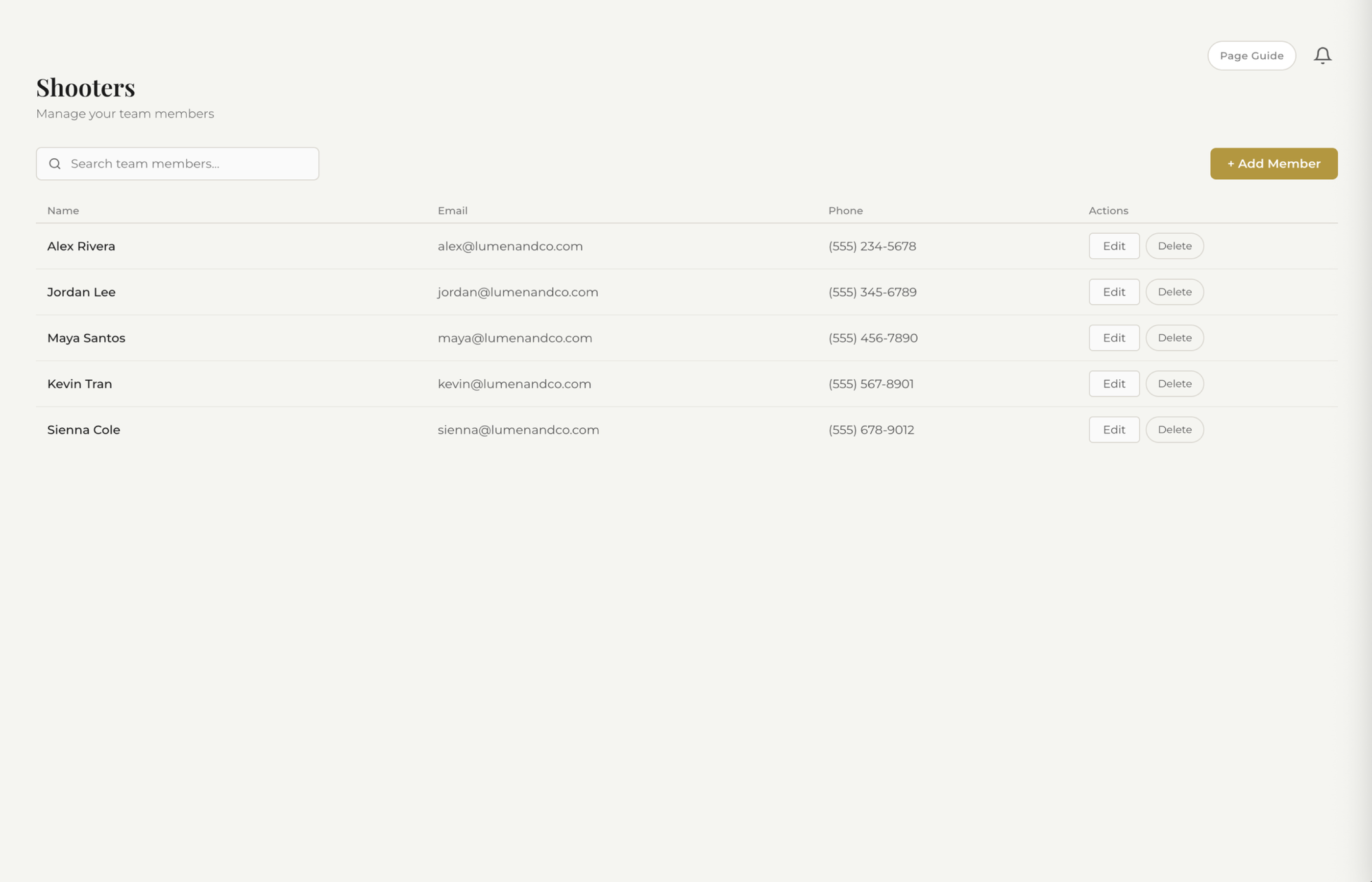Team management hub showing saved second shooters and assistants