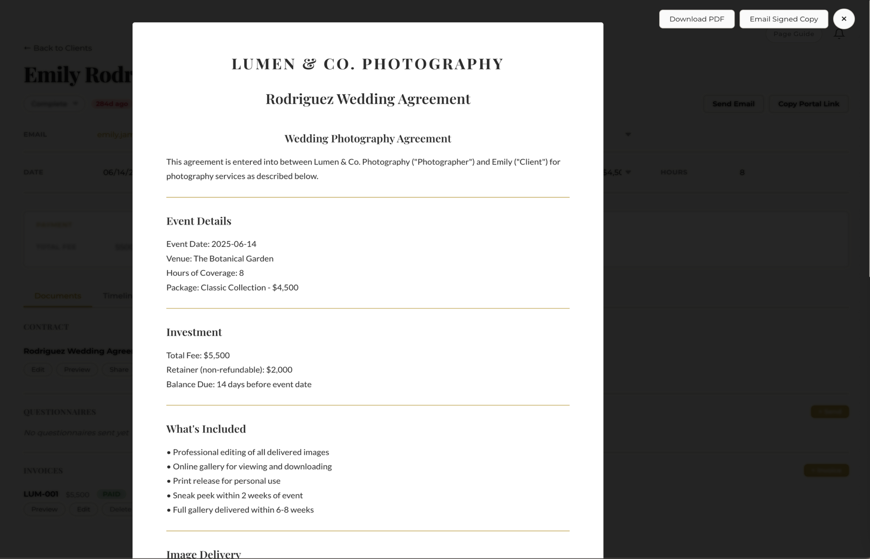 Fstop CRM signed contract view with timestamp and PDF download option
