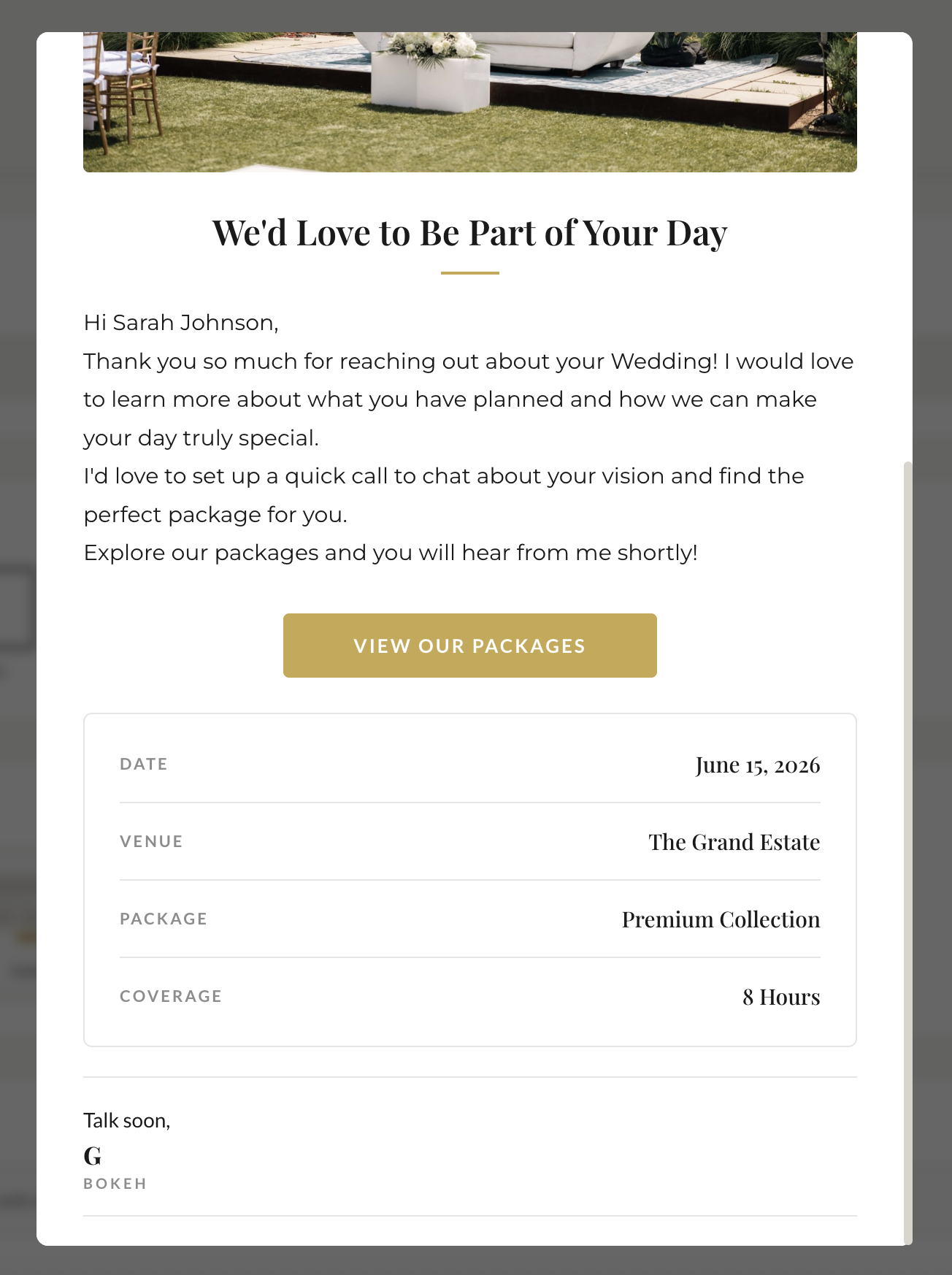 Finished email with variables replaced by real client data — Sarah Johnson, Wedding, June 15 2026