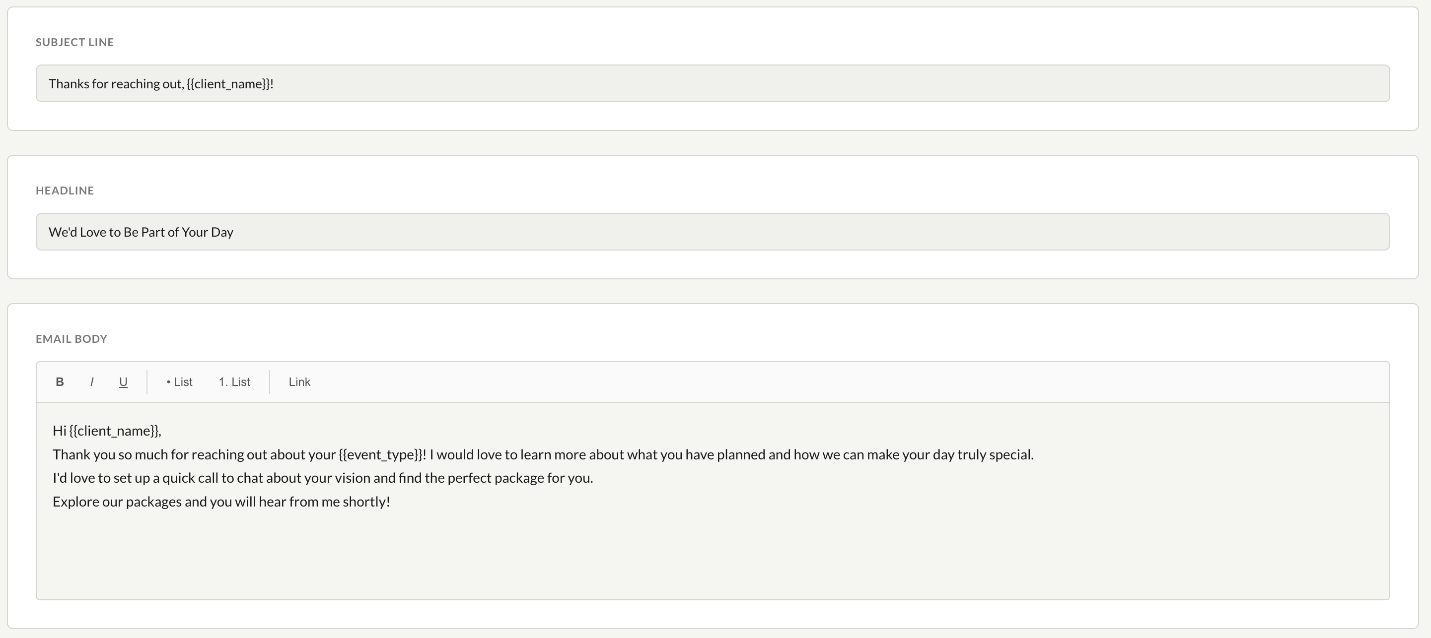 Email template editor with smart variable placeholders like {{client_name}} and {{event_type}}